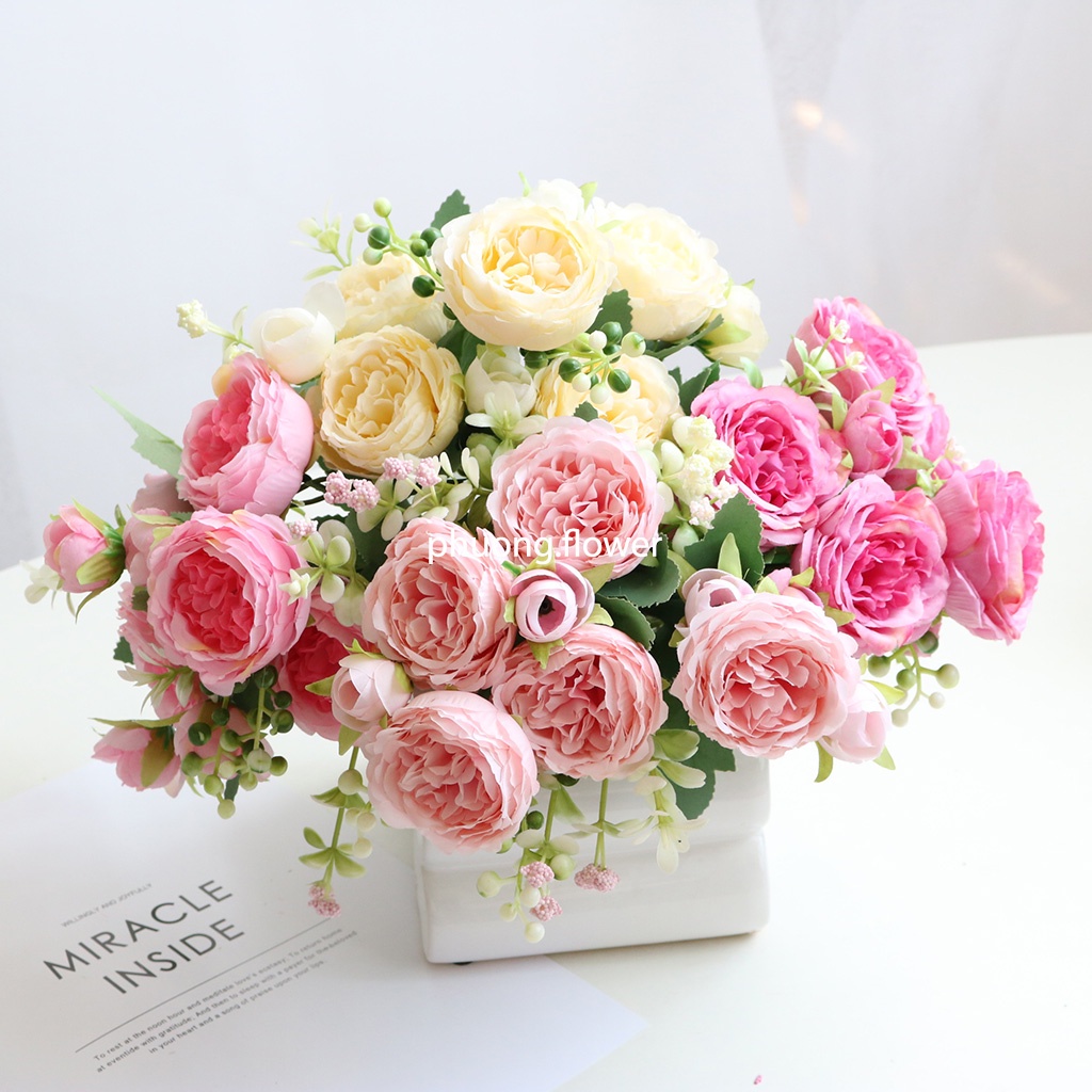 Bó hoa Hồng giả bằng lụa 5 bông lớn 6cm phong cách vintage hàn quốc decor nhà cửa trang trí tiệc cưới bó hoa chụp ảnh