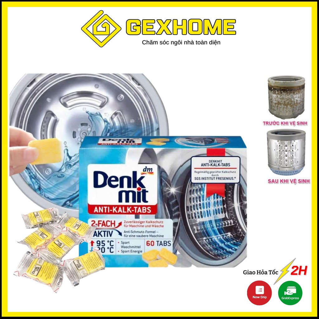 Hộp 60 viên tẩy lồng máy giặt DENKMIT. Tẩy sạch vết ố bẩn, chống bám cặn lồng giặt. [Hàng Đức]