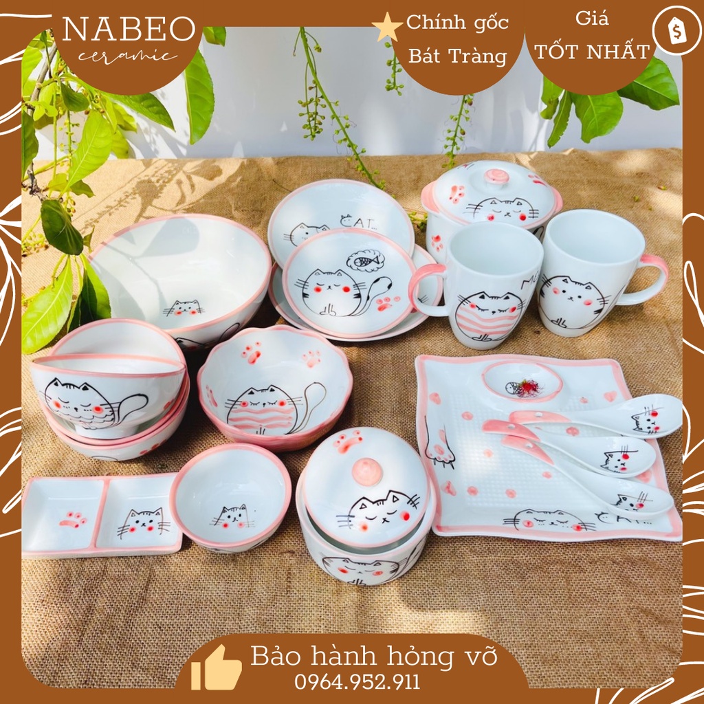 Bộ Bát Đĩa Mèo Hồng Cute Cho Bé Ăn Dặm, Tô Chén Decor, Cốc, Hũ đủ bộ có bán lẻ - Gốm Sứ Bát Tràng