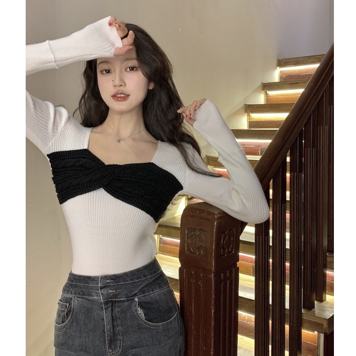 Porozi  Áo sweater nữ  dệt kim cổ vuông phong cách Hàn Quốc