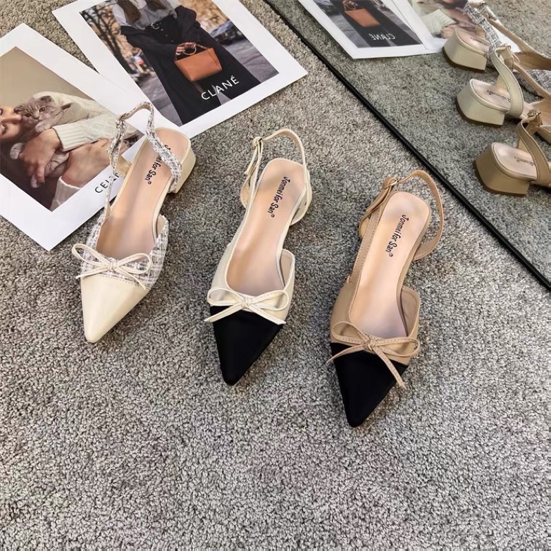 Sandal mũi nhọn gót vuông đính nơ 3p