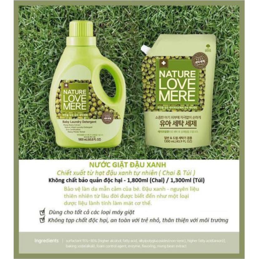 Nước giặt Nature Love Mere hương đậu xanh Mungbean chai 1.8L/ túi 1.3L