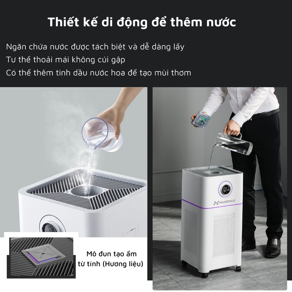 Máy Lọc Không Khí Bù Ẩm Nanomax A-02 Với Bộ Lọc Hepa 5 Lớp, Uv Diệt Khuẩn, Kết Nối Điện Thoại, Remote, Bánh Xe