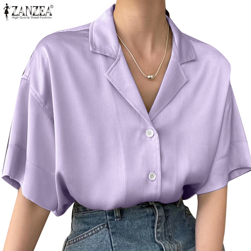 Áo sơ mi ZANZEA tay ngắn màu trơn phong cách Hàn Quốc cho nữ