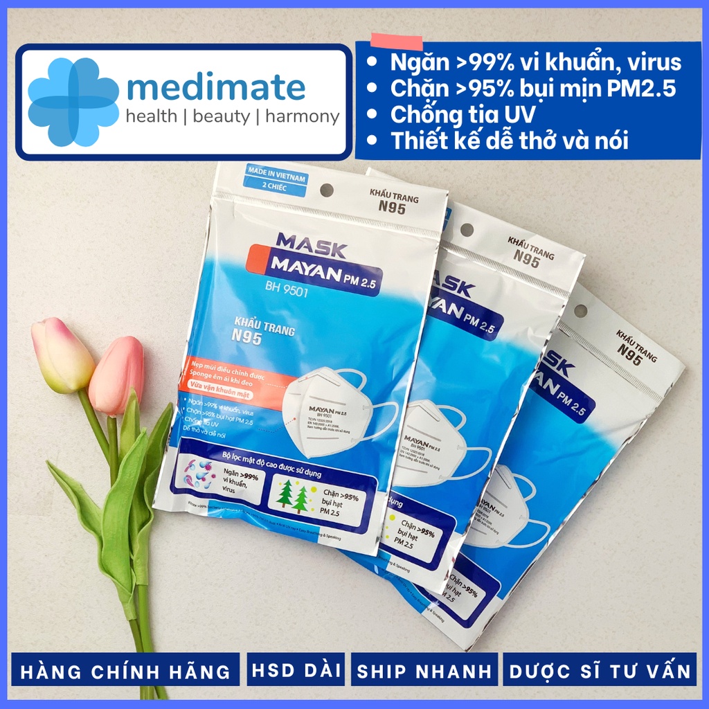 Khẩu trang N95 MAYAN PM 2.5 BH 9501 vừa vặn khuôn mặt (túi 2 cái)