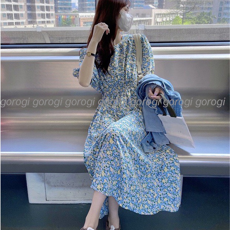 Váy hoa nhí dáng dài dự tiệc xinh bigsize nữ bánh bèo Gorogi, đầm hoa nhí dài dự tiệc tay phồng ulzzang