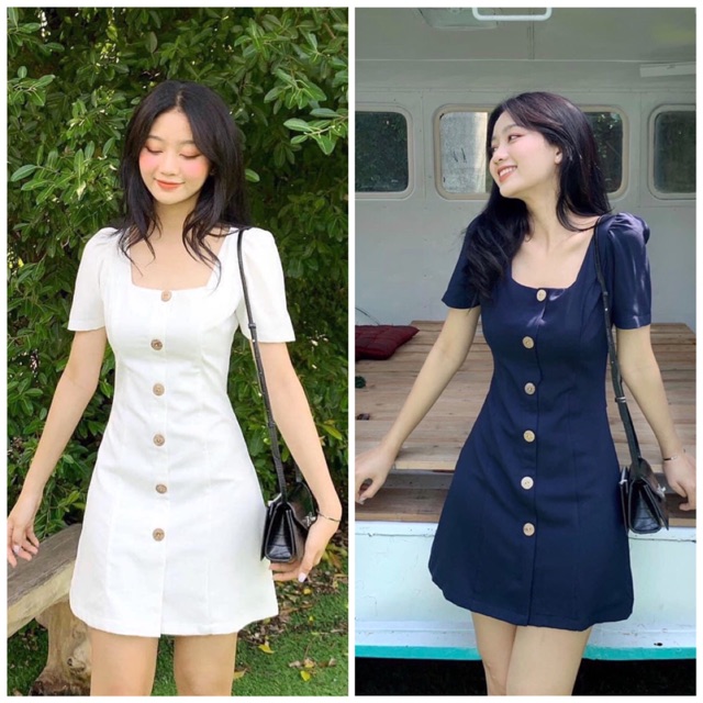 Đầm váy cổ U nút dừa 2 màu