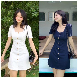 Đầm váy cổ U nút dừa 2 màu (kèm hình thật)