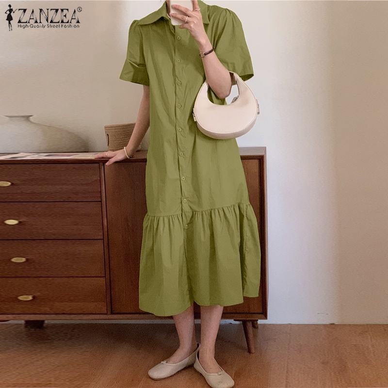 Đầm ZANZEA ngắn tay cổ bẻ dáng rộng thời trang Hàn Quốc cho nữ