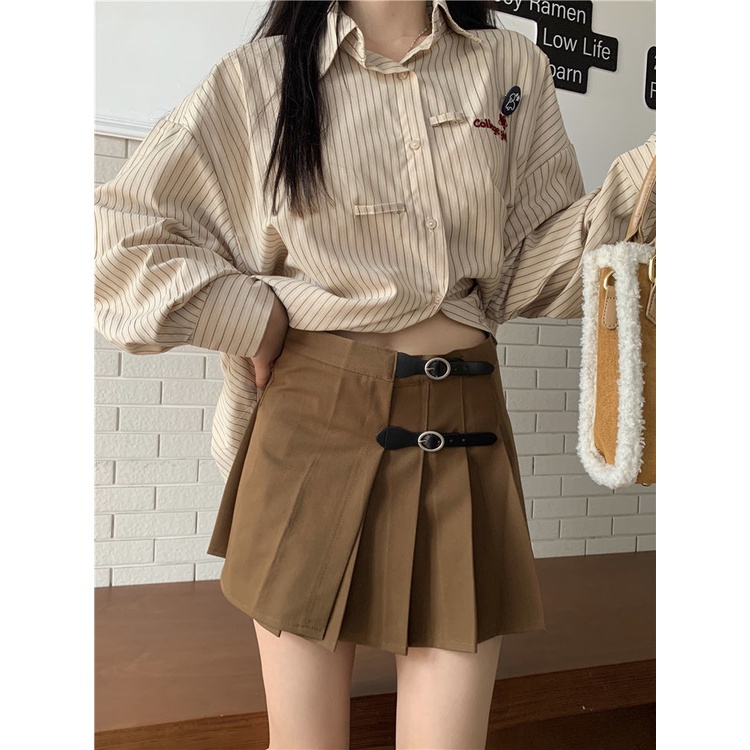 Set Áo Sơ Mi Kẻ Sọc + Chân Váy Xếp Ly Thời Trang Mùa Thu Cho Nữ
