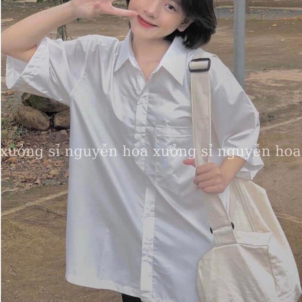 Áo sơ mi trắng unisex ngắn tay túi ngực form dáng rộng nam nữ mặc được Xưởng Sỉ Nguyễn Hoa | WebRaoVat - webraovat.net.vn