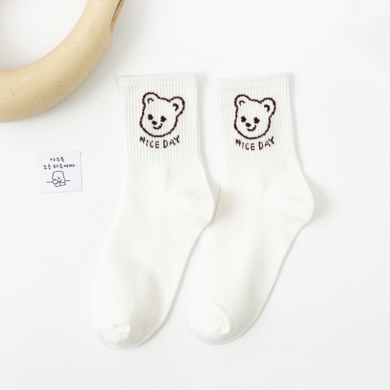 Set 5 Đôi Tất Gấu Trắng Cổ Cao,Vớ Nữ Họa Tiết Gấu Màu Trắng Phong Cách Hàn Siêu Cute