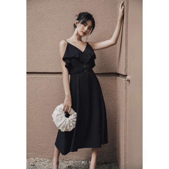 (Thanh lí new 100% nguyên tag) Váy đầm nữ đẹp 2 dây phối bèo cách điệu thiết kế đai eo tôn dáng thời