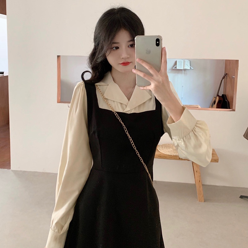 Đầm Chữ A Tay Dài Màu Sắc Tương Phản Phong Cách Hàn Quốc Dành Cho Nữ