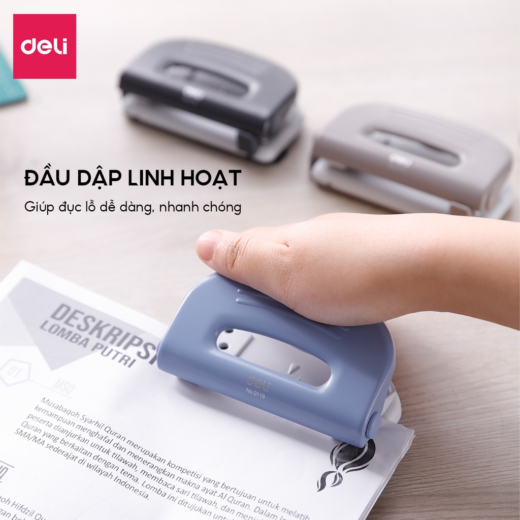 Máy đục lỗ Vỏ kim loại 10 tờ Deli - Màu Ghi Xám/Đen/Xanh Dương - 1 cái E0118