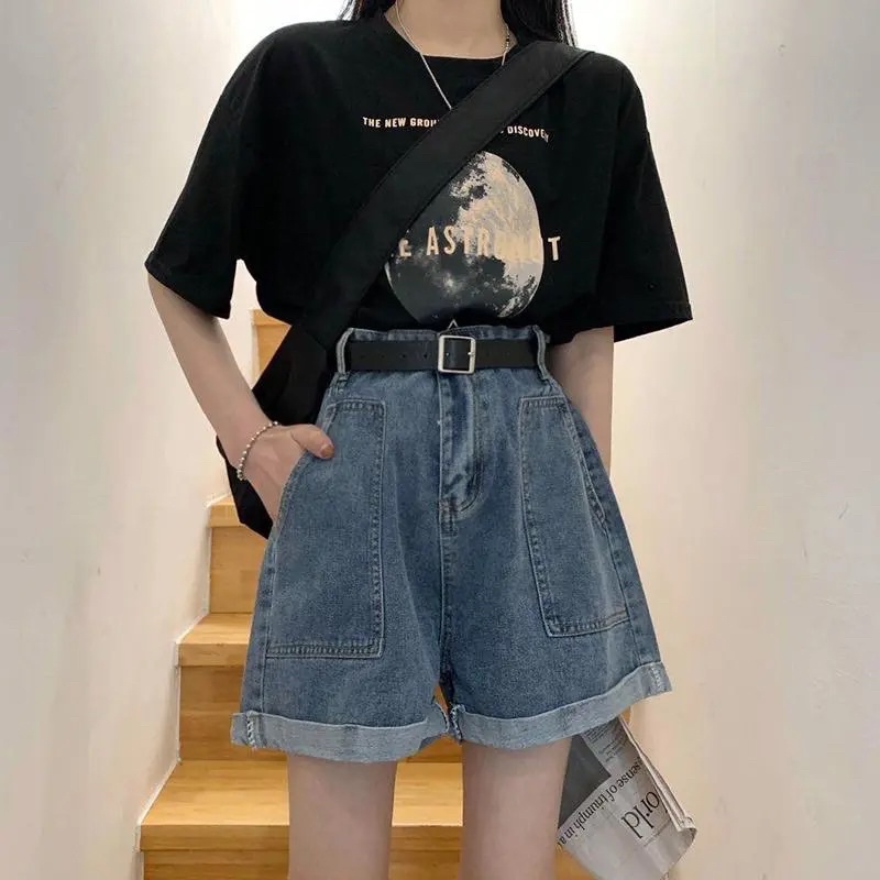 Quần Đùi Jeans Nữ Màu Xanh Có Túi Hai Bên Một Cúc, Quần Short Denim Dáng Ngắn Ống Rộng Phong Cách Ulzzang Loại 1