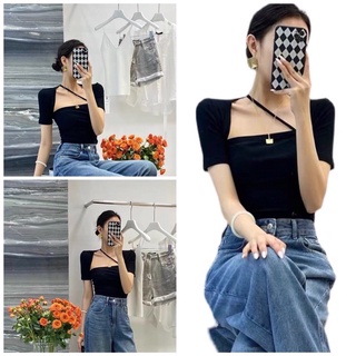 Áo kiểu thun croptop tay ngắn cổ vuông phối dây sexy
