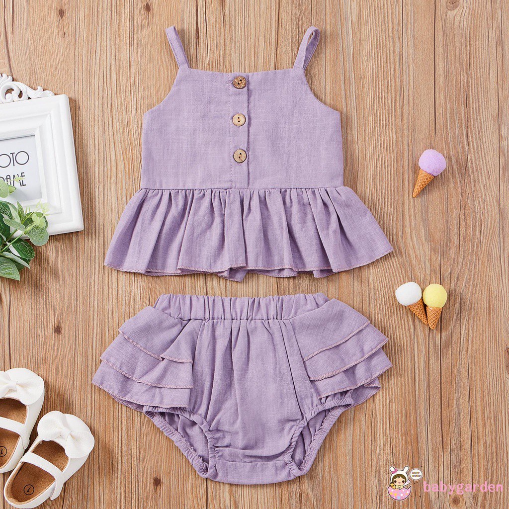 Bộ Áo Hai Dây Phối Quần Short Có Nút Màu Trơn Thời Trang Mùa Hè Cho Bé Gái