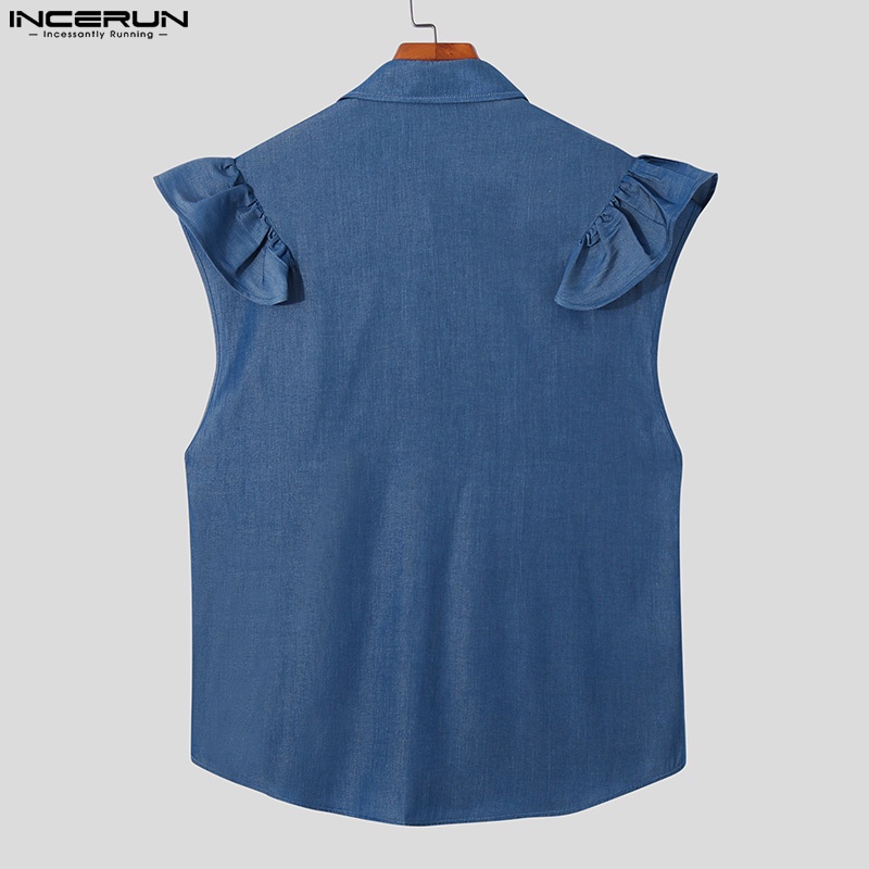 Áo sơ mi INCERUN không tay màu trơn cổ bẻ phối bèo thời trang cho nam