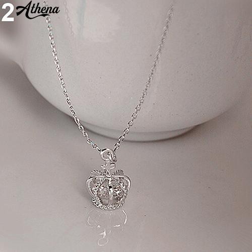 ATH_Elegant Women Crown Shiny CZ Cubic Zirconia Charm Pendant Clavicle Necklace