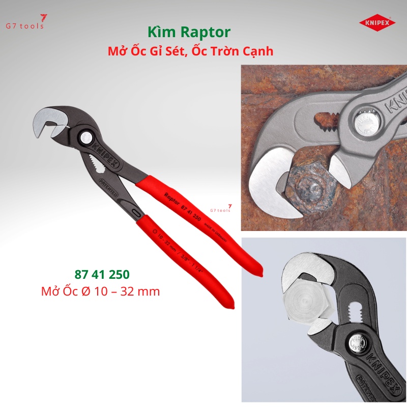 Kìm Knipex Raptor Chuyên Mở Ốc Lục Giác Gỉ Sét Ø 10-32mm 87 41 250