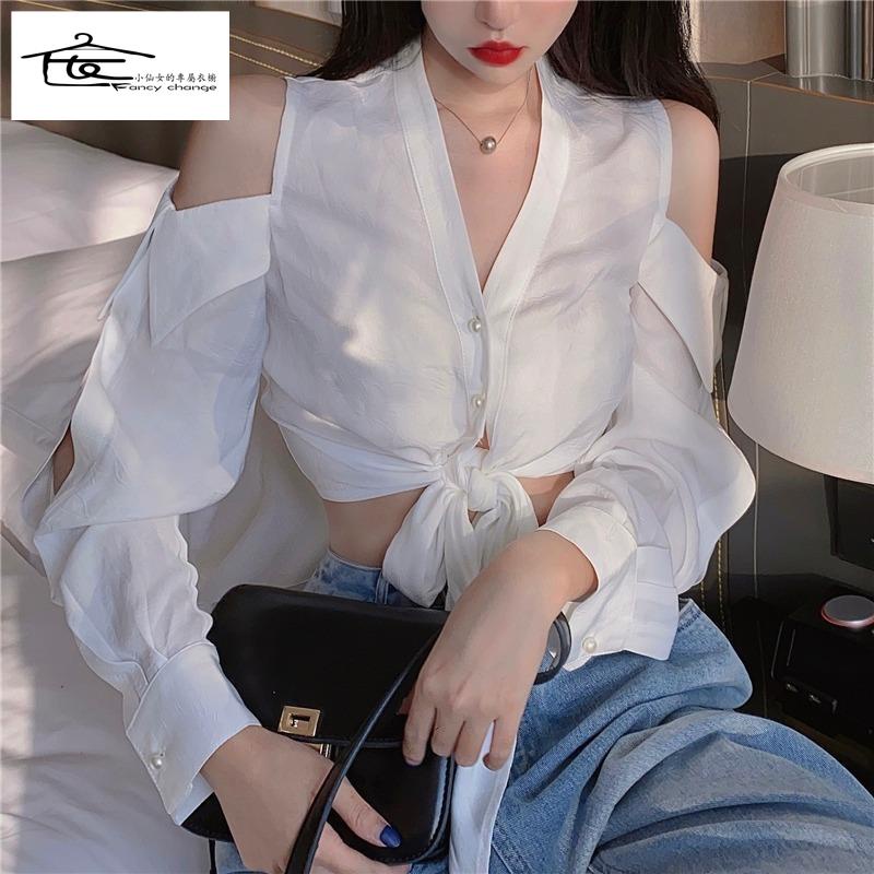Áo Sơ Mi Trắng Trễ Vai Cổ Chữ v Tay Dài Thời Trang Mùa Hè Hàng Mới Dành Cho Nữ 2022