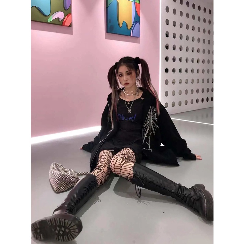 Áo Khoác Có Nón Và Khóa Kéo Đính Đá Y2K Phong Cách Punk Harajuku Cho Nam Và Nữ