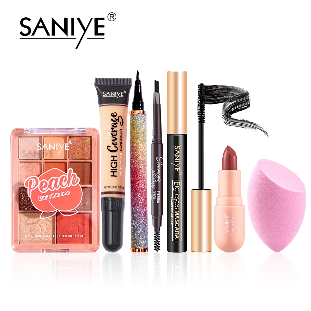 Set 7 mỹ phẩm SANIYE gồm son môi+bút kẻ mắt+kem nền+kẻ mày+kẻ mắt+phấn mắt+mascara+mút tán kem nền E118+R1072+M412