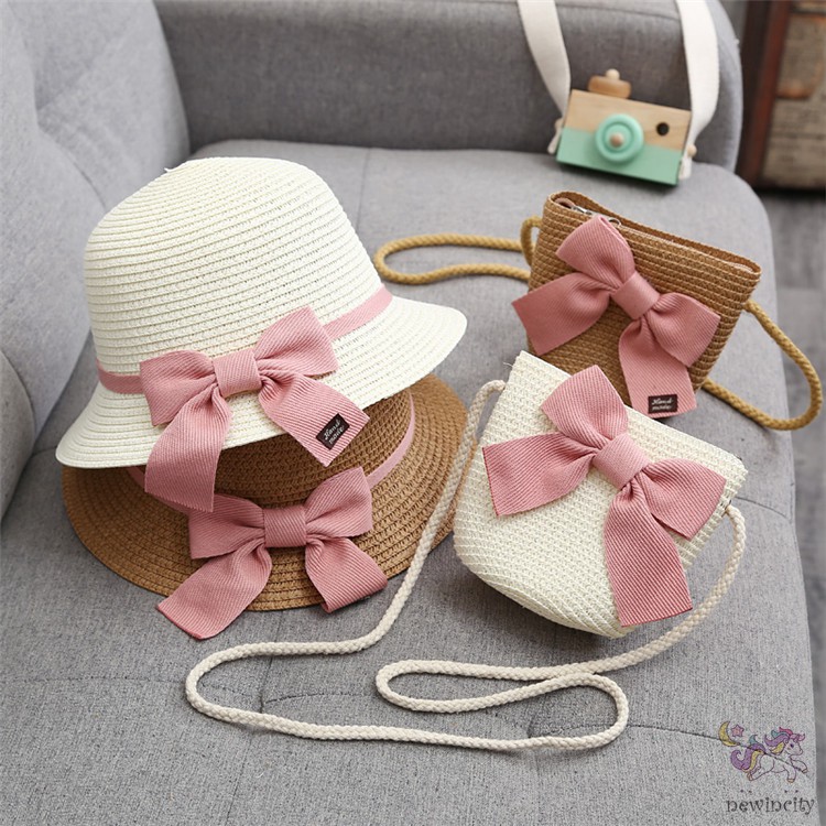 Set mũ vành và túi xách đan cói đính nơ thời trang mùa hè đáng yêu cho bé gái