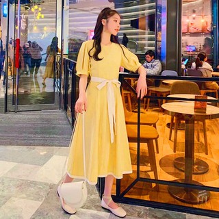 Đầm váy freesize vàng phối lai trắng