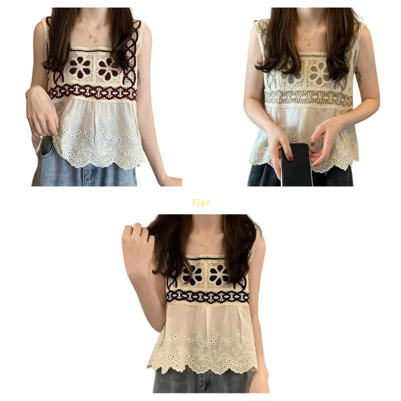 Áo Tank Top Dệt Kim Dáng Rộng In Họa Tiết Hình Học Phối Ren Thời Trang Đi Biển Cho Nữ