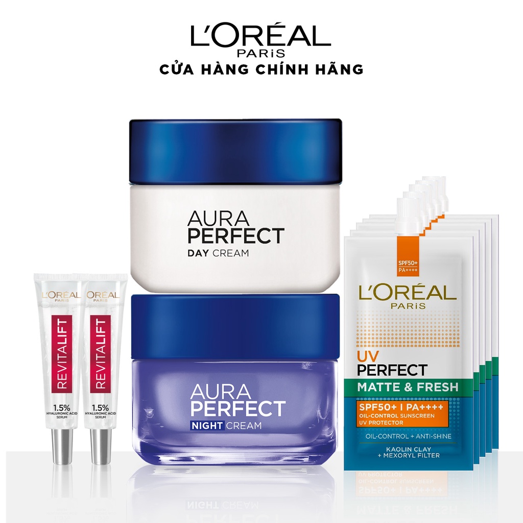 Bộ dưỡng trắng và siêu cấp ẩm căng mịn da L'Oreal Paris Aura Perfect