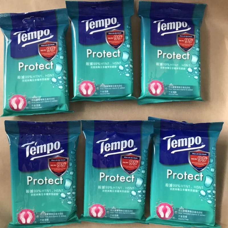 Combo 6 gói khăn ướt không cồn diệt khuẩn Tempo Protect (10 tờ/gói)
