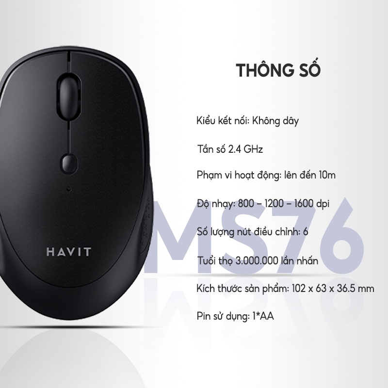 Chuột Không Dây HAVIT MS76, Thiết Kế Công Thái Học, 3 DPI + 6 Nút Chỉnh, Tuổi Thọ 3Tr Lần Nhấn - Chính Hãng BH 12 Tháng