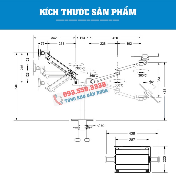 Giá Treo Màn Hình OL 3S 15 - 32 Inch Kèm Kệ Đỡ Laptop 11 - 17.3 Inch - Hợp Kim Nhôm - Lò Xo Khí Nén