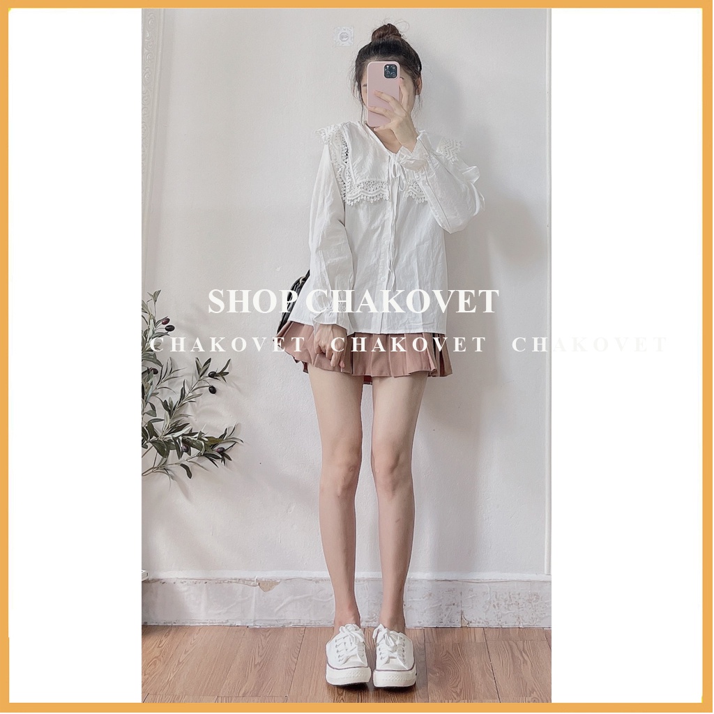 Áo kiểu nữ cổ tròn thắt nơ dây màu trắng cka833, kiểu áo sơ mi cổ bèo viền ren đẹp cá tính sành điệu freesize<55kg | BigBuy360 - bigbuy360.vn