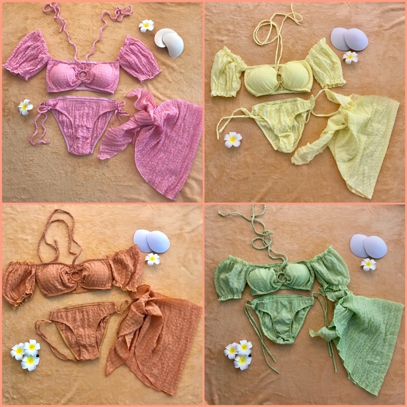[KIỂU MỚI HOT] Bikini 2 mảnh bèo trễ vai kèm khăn choàng nhiều màu