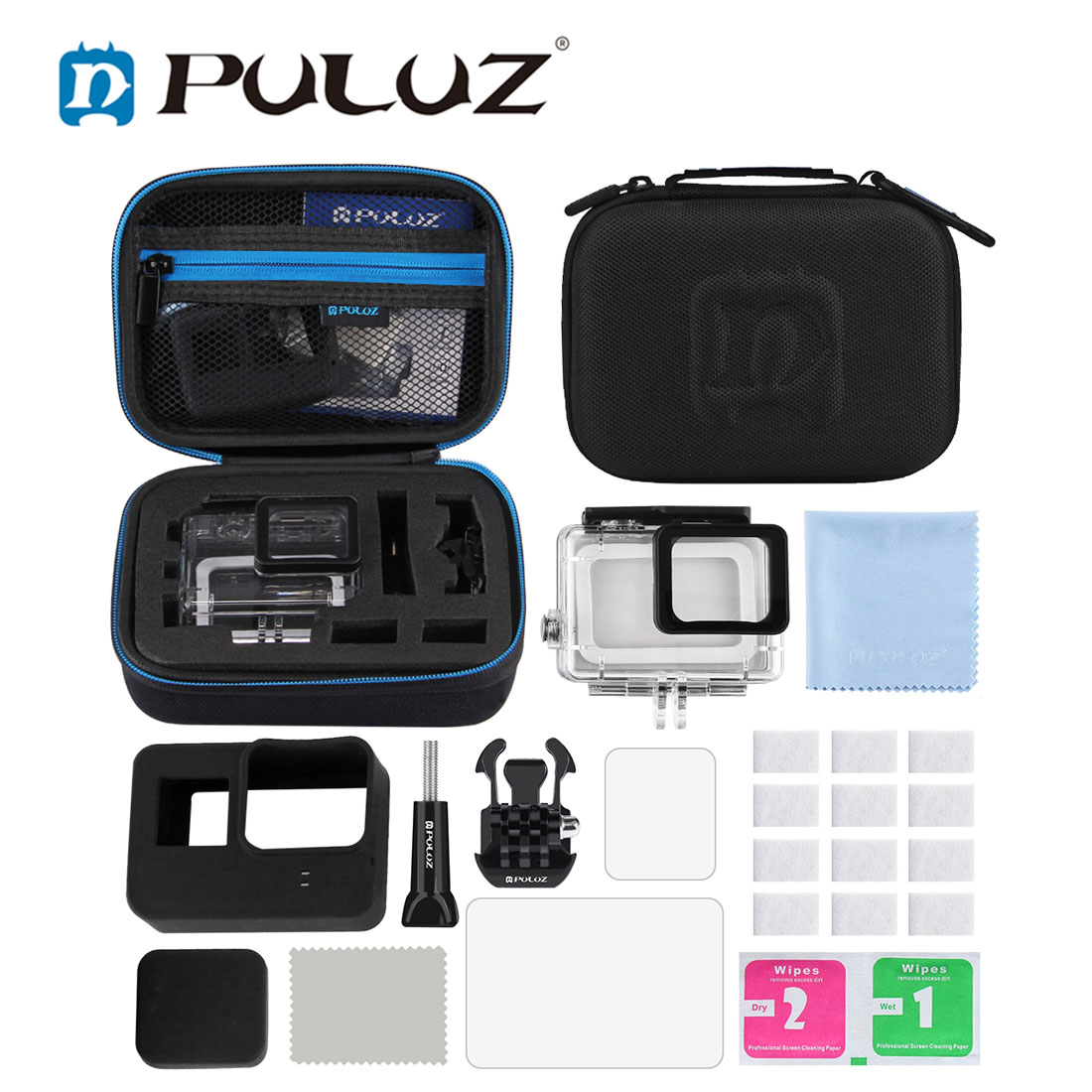 PULUZ 12 in 1 Surfing Accessories Combo Kits with Small EVA Case (Diving Case + Silicone Case + Lens HD Screen Protector + LCD Display Tempered Glass Film + Anti-Fog Inserts + Clean Cloth) for GoPro HERO 8 / 7 Black /6 /5