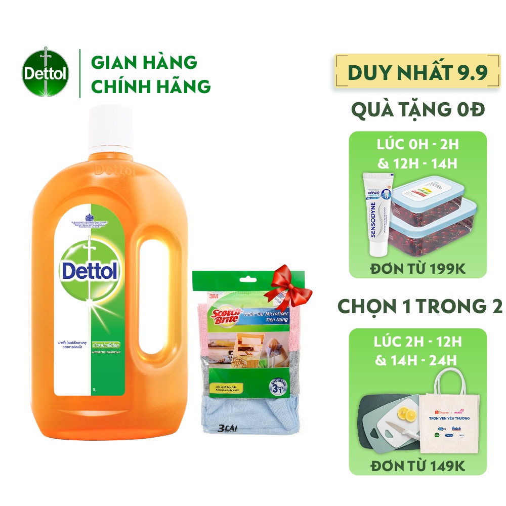 Dung dịch diệt khuẩn đa năng Dettol 1L tặng 1 gói khăn lau chùi 3M - 3 cái
