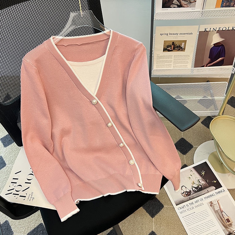 Áo Len Tay Dài Cổ Chữ V Giả Hai Lớp Phong Cách Hàn Quốc Thời Trang Thu Đông Cho Nữ
