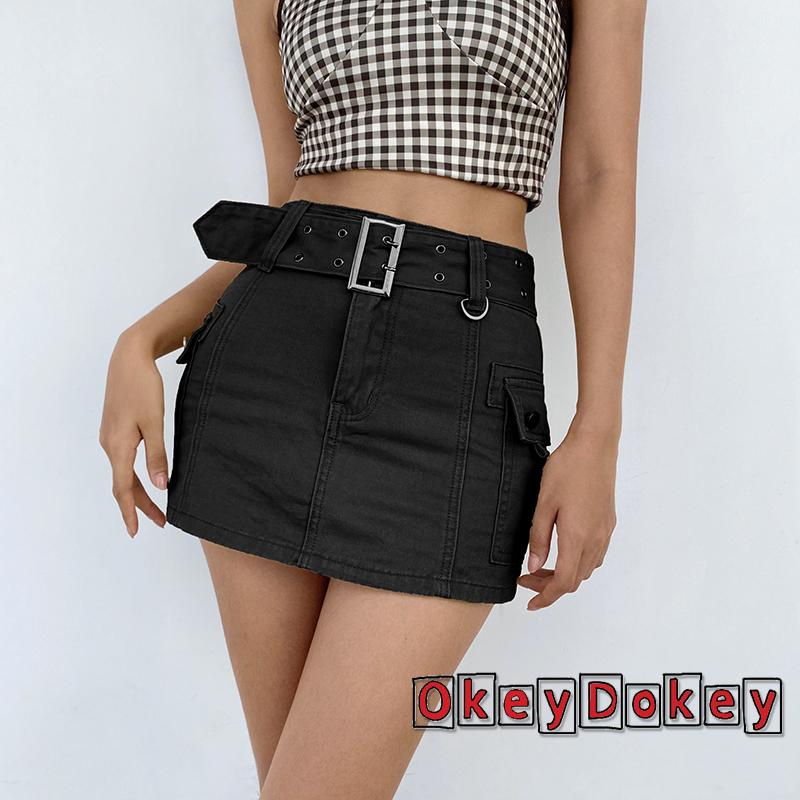 OKDK-Chân Váy Jean Cạp Thấp Phối Túi Màu Trơn Đơn Giản Gợi Cảm Cho Nữ