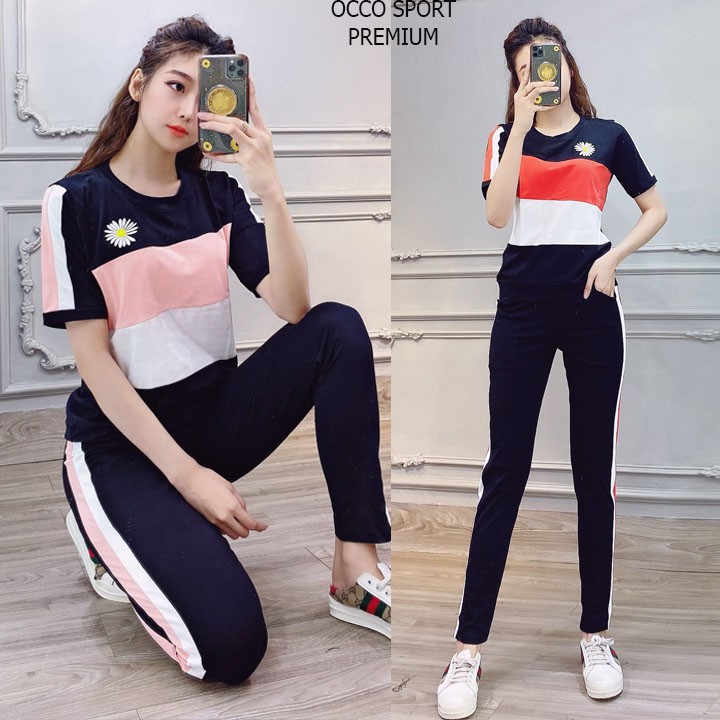 Bộ đồ thể thao phối màu thêu hoa cúc TT396 _Cotton 100% siêu đẹp [[Xuất Khẩu Hàn Nhật]