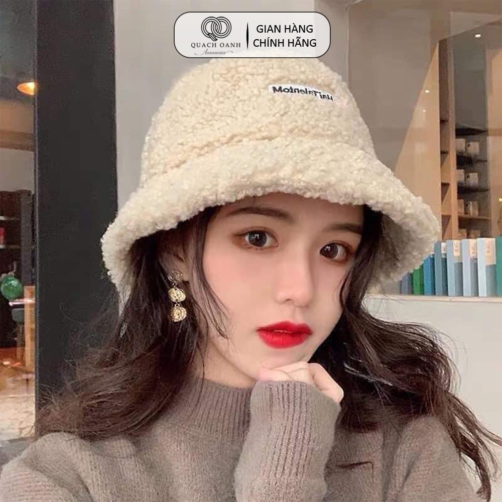 Mũ lông cừu bucket QO ACCESSORIES đính chữ phong cách Hàn Quốc MU04