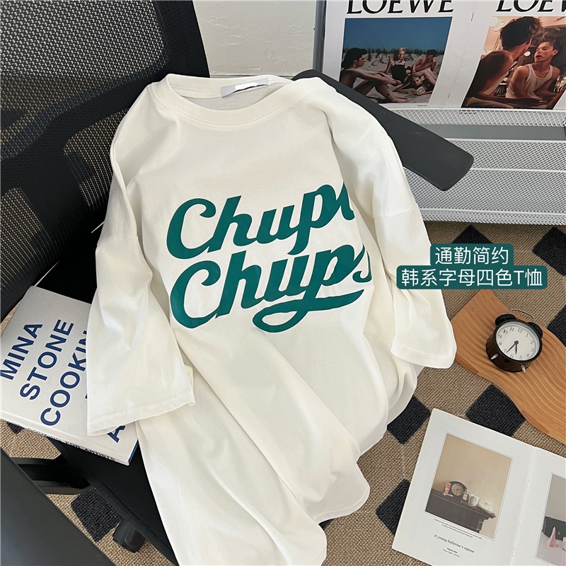 Áo Thun Nữ Ngắn Tay Cổ Tròn In Chữ Phong Cách Hàn Quốc Mới