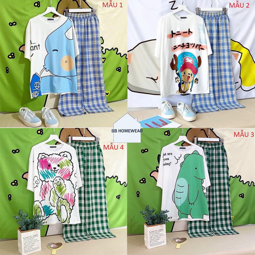 Sét Bộ Áo In Hình Cute Và Quần Kẻ Đẹp Mặc Mùa Hè, Mặc Ở Nhà, Áo Phông Cotton Mát Mịn Phong Cách Hàn Quốc