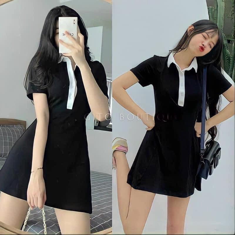 Váy đầm nữ cộc tay phối cổ trắng siêu xinh - Váy polo body tay ngắn đi dự tiệc, đi chơi dạo phố chất thun tăm freesize
