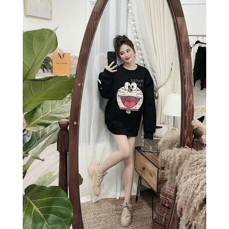 Áo Hoodie Nữ Ms.6880 Áo Dáng Suông Rộng Chùm Mông Tone Đen In Họa Tiết Hoạt Hình, Chất Nỉ Bông Dày Dặn