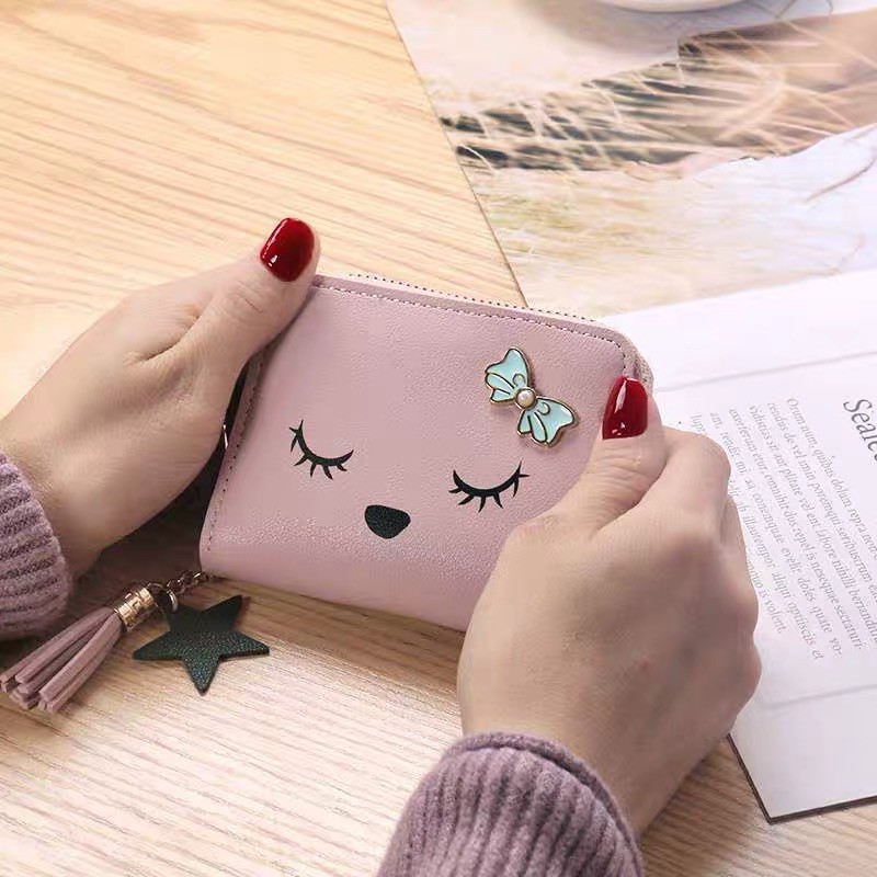 Ví Ngắn Gấp Gọn Phối Khóa Kéo Và Tua Rua Dễ Thương Dành Cho Nữ