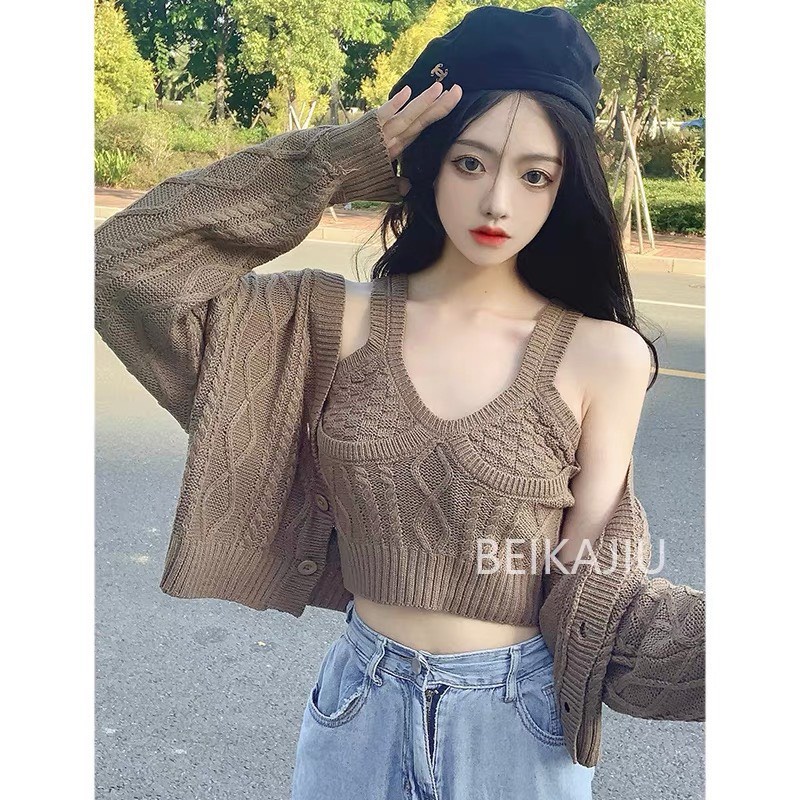 Set áo cardigan len gân thừng áo 2 dây hot hàng QC