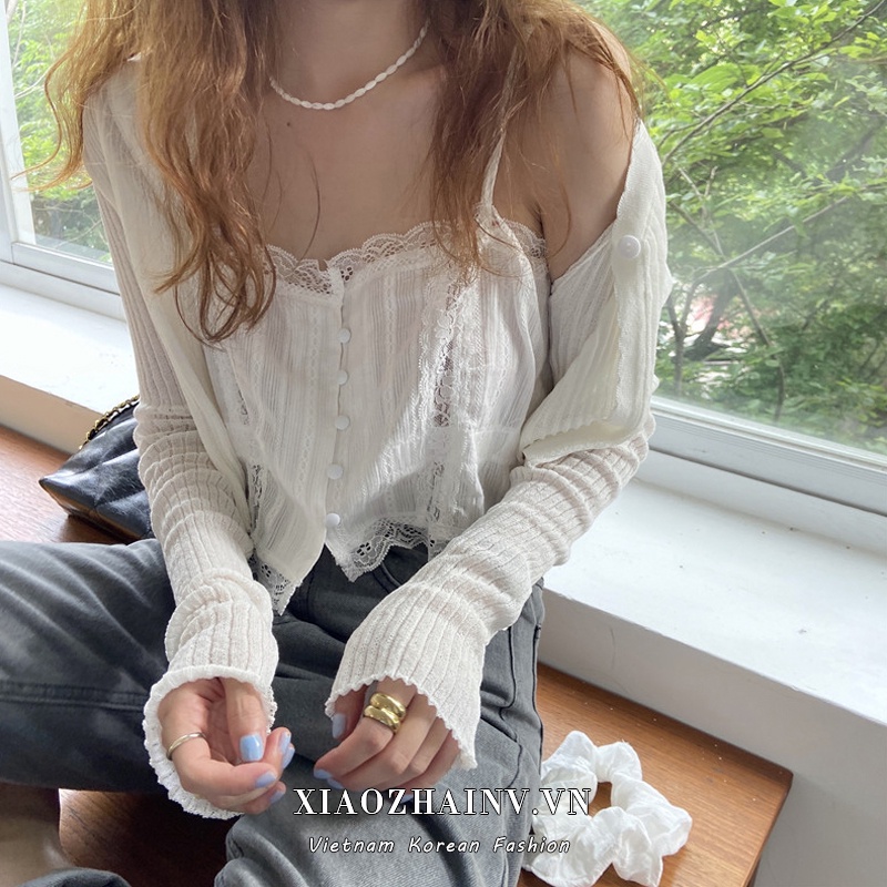 Xiaozhainv Áo hai dây ren/Áo cardigan chống nắng dệt kim tay dài thời trang mùa hè cho nữ